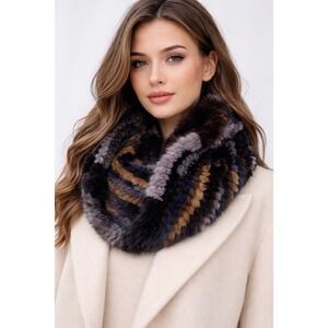 Jocelyn Knitted Mink Fur Cowl Snood Multi Color Striped Infinity Scarf OS